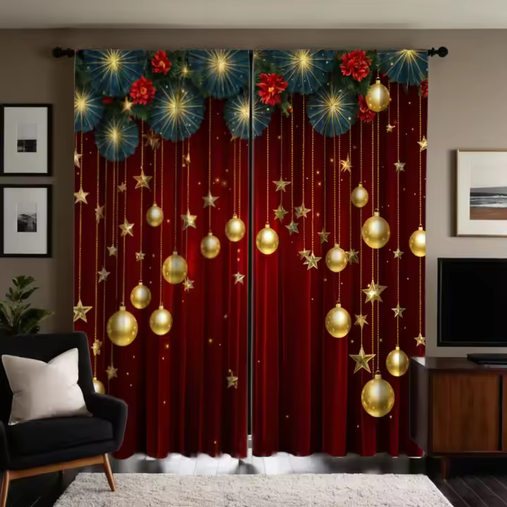 Cortina De Navidad Roja Con Encaje 2 Piezas Decoración De Hogar Estilo Pastoral Para Sala Y Dormitorio Translúcida De Poliéster - 1
