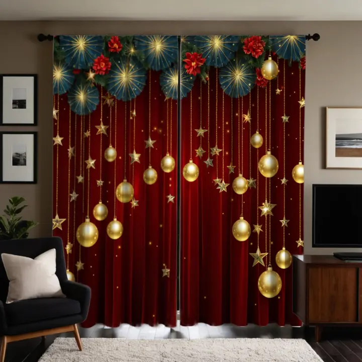 Cortina De Navidad Roja Con Encaje 2 Piezas Decoración De Hogar Estilo Pastoral Para Sala Y Dormitorio Translúcida De Poliéster - 1