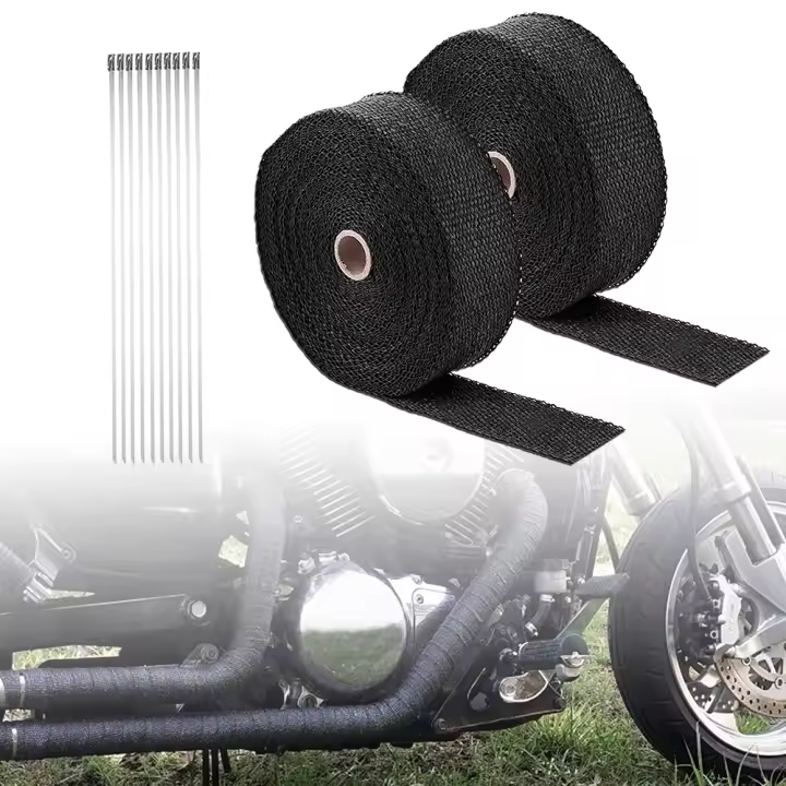 2pcs 5m X 2.5cm Cinta De Aislamiento Térmico Para Escape De Motocicleta Negra Con Fibra De Vidrio Y Cintas De Acero Inoxidable - 1