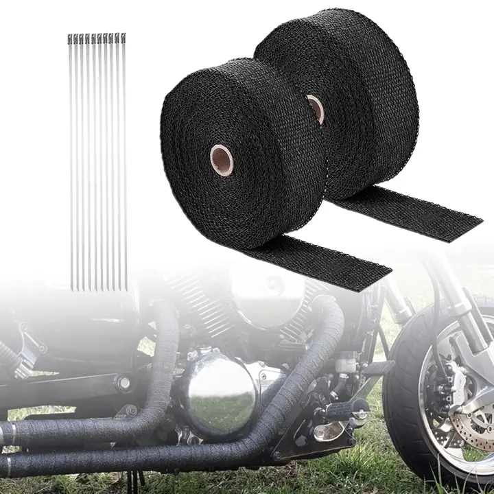 2pcs 5m X 2.5cm Cinta De Aislamiento Térmico Para Escape De Motocicleta Negra Con Fibra De Vidrio Y Cintas De Acero Inoxidable - 1