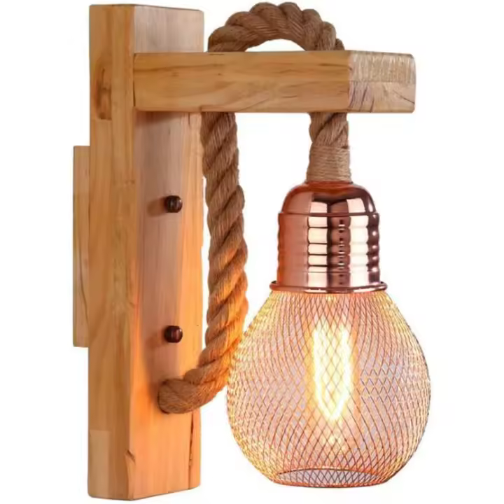 PORCHEDDU Vintage Holz Aplique Mural, Rustikale E27 Hanfseil Lampe, Retro, Rotbraun - 1