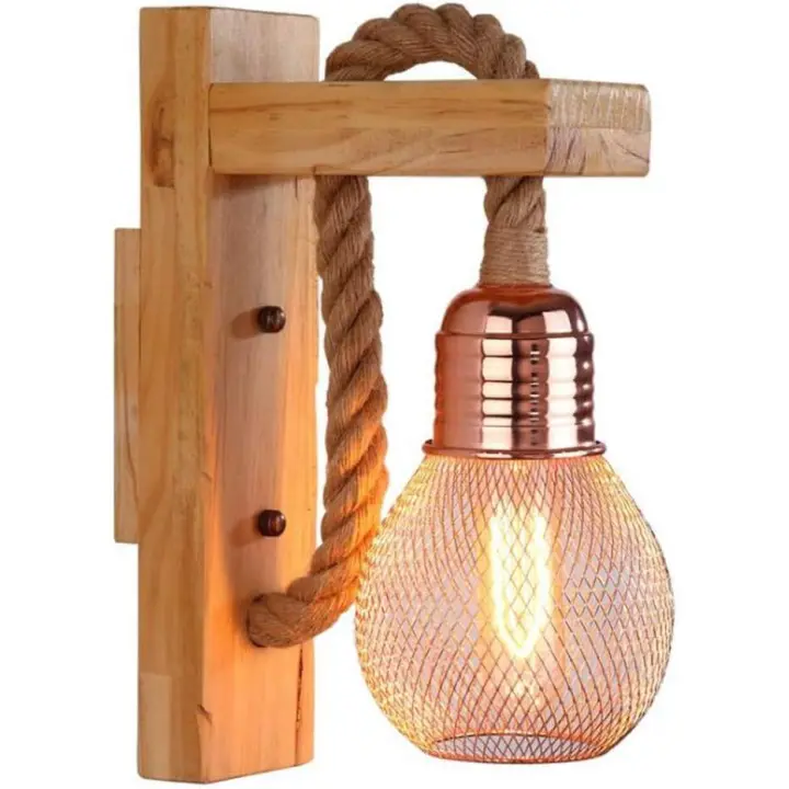 PORCHEDDU Vintage Holz Aplique Mural, Rustikale E27 Hanfseil Lampe, Retro, Rotbraun - 1