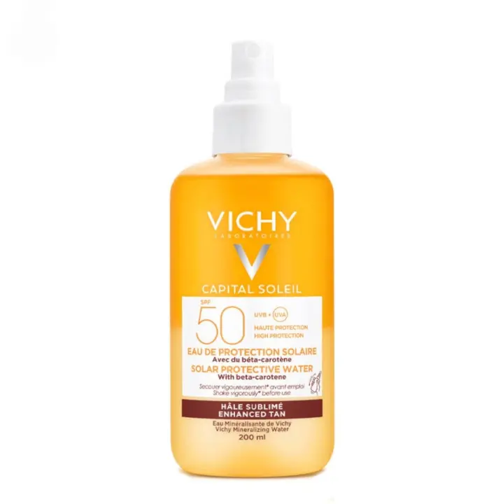 VICHY CAPITAL SOLEI AGUA SOLAR LUMINOSIDAD  con protección spf 50+ de textura ultraligera además de resistente 200ml - 1