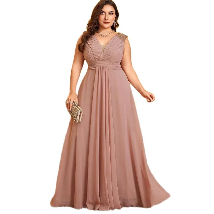 Vestido De Talla Grande Unithorse Con Cuello En V Sin Mangas Con Aros Y Patches De Lentejuelas En Chiffón De Estilo Formal