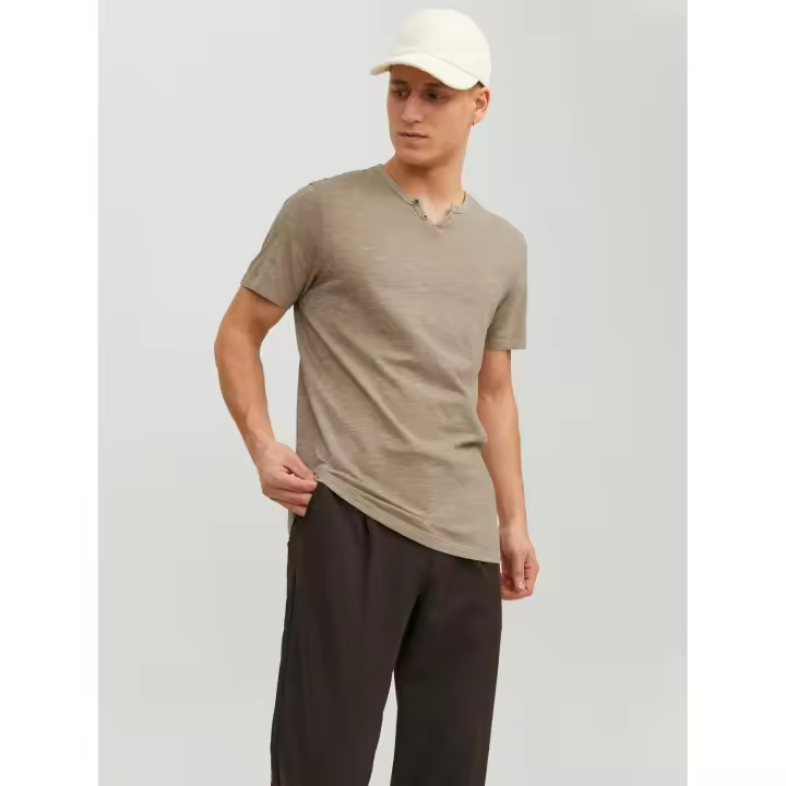 Camiseta Hombre Jack & Jones Modelo Split Manga Corta Cuello Dividido Color Beige - 1