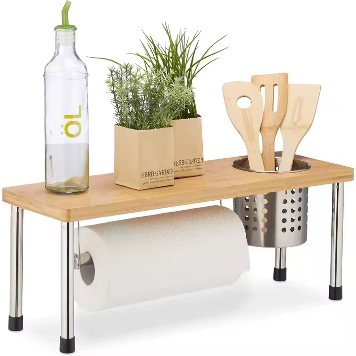 STARLEY- Organizador de Cocina, Soporte para Cubiertos, Especiero, Portarrollos, Bambú & Acero, Marrón & PlateadoEstante de cocina de bambú 55x20x20 cm - 1