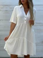 Vestido Mini Rojo Solido De Verano Para Mujer Con Volante Y Botones Estilo Casual Corto Manga Regular Cuello V Vestidos De Playa - details 4