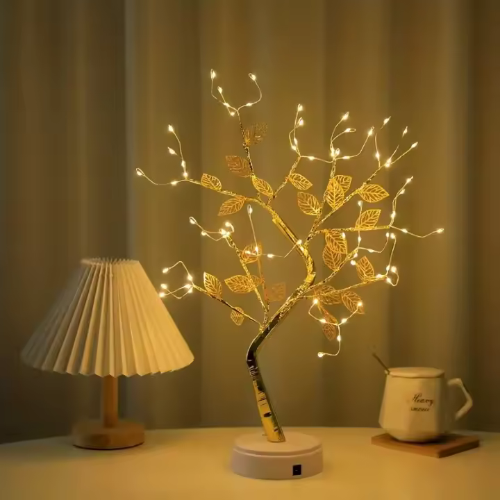 Luz De Noche De Hoja Dorada Con Cable De Cobre Táctil LED Árbol De Navidad Decorativo Con Caja De Batería Y USB Para Decoración De Navidad - 1