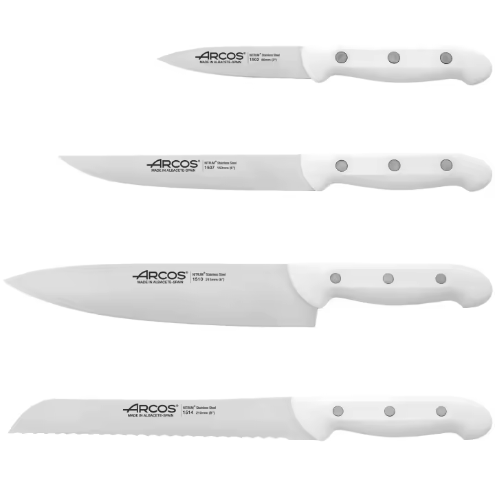 ARCOS Artika - Set 4 Cuchillos de Cocina (80, 150, 210 & 215 mm) - Hoja de Acero Inoxidable Nitrum® - Mango Blanco de Polipropileno (PP) - 1502/07/10/1424 - 1