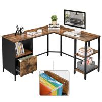 Escritorio de esquina con archivador y estantes, diseño industrial, fácil montaje, para oficina en casa, marco de acero, marrón rústico y negro - details 2