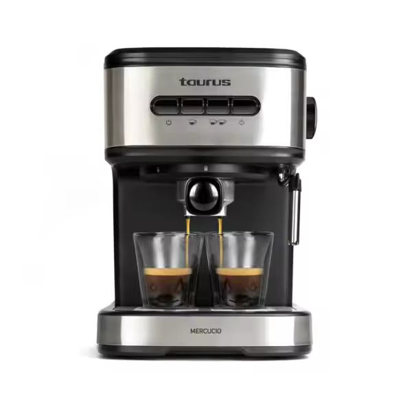 Cafetera Express Taurus Mercucio, 20 bares, 850 W, depósito 1,5 L, 2 tazas, apagado automático programable, negro/acero inoxidable - 1
