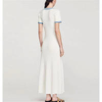 Vestido Maxi De Punto Elegante Para Mujer Con Cuello Redondo Y Manga Corta Botones Metálicos Ajustado Para Oficina Y Viajes - details 10
