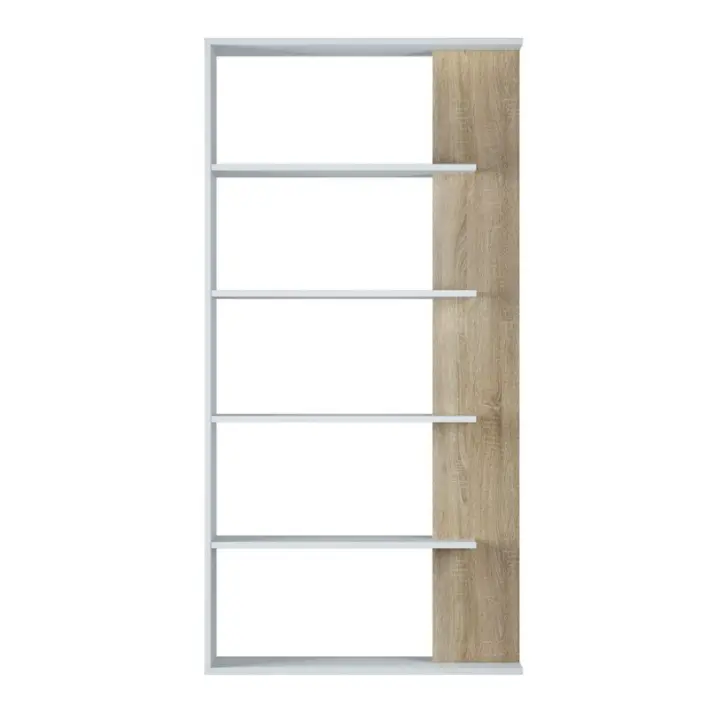 Meimon Estantería ALIDA alta con 5 estantes fijos, tablero melaminizado E1 (18/15 mm), cantos PVC 0,6 mm, uso como separador de ambientes, 180x90x25 cm, carga máxima 20 kg, Blanco Ark/Roble Canadian, 24,80 kg, - 1