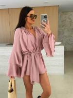 Vestido De Mujer Con Cuello V Y Volantes De Manga Larga Cierre Con Lazo Irregular Y Estilo Oficina Lady Longitud Mini - details 2