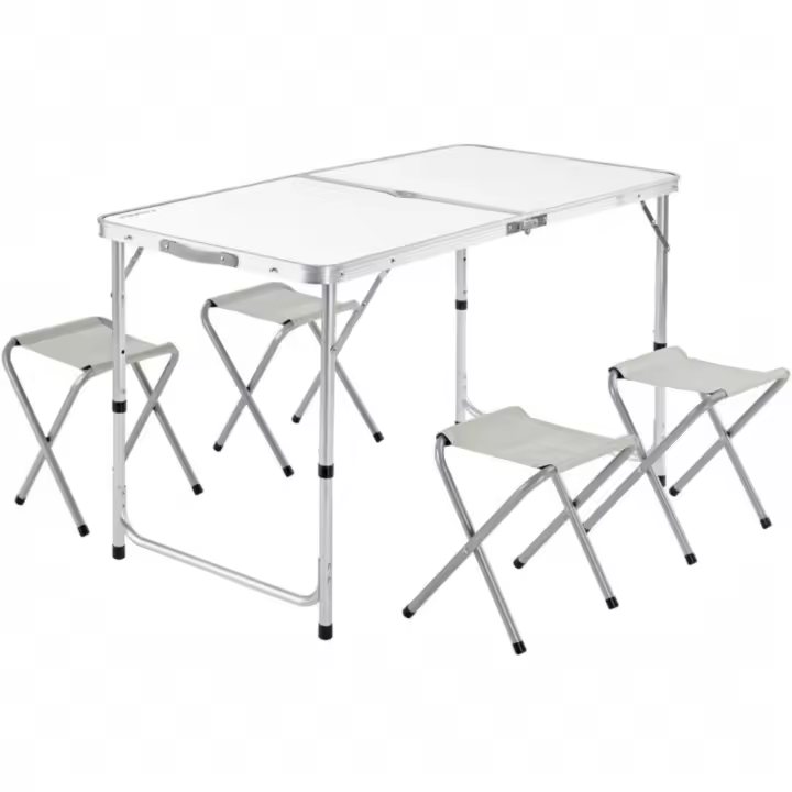 Mesa Plegable XXL de Aluminio con 4 Taburetes Plegables, Función de Maleta, Altura Ajustable, Ideal para Camping y Jardín, Gris/Blanco, Transporte Fácil y Compacto (MESA-001 3990 D7） - 1
