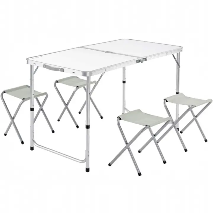 Mesa Plegable XXL de Aluminio con 4 Taburetes Plegables, Función de Maleta, Altura Ajustable, Ideal para Camping y Jardín, Gris/Blanco, Transporte Fácil y Compacto (MESA-001 3990 D7） - 1