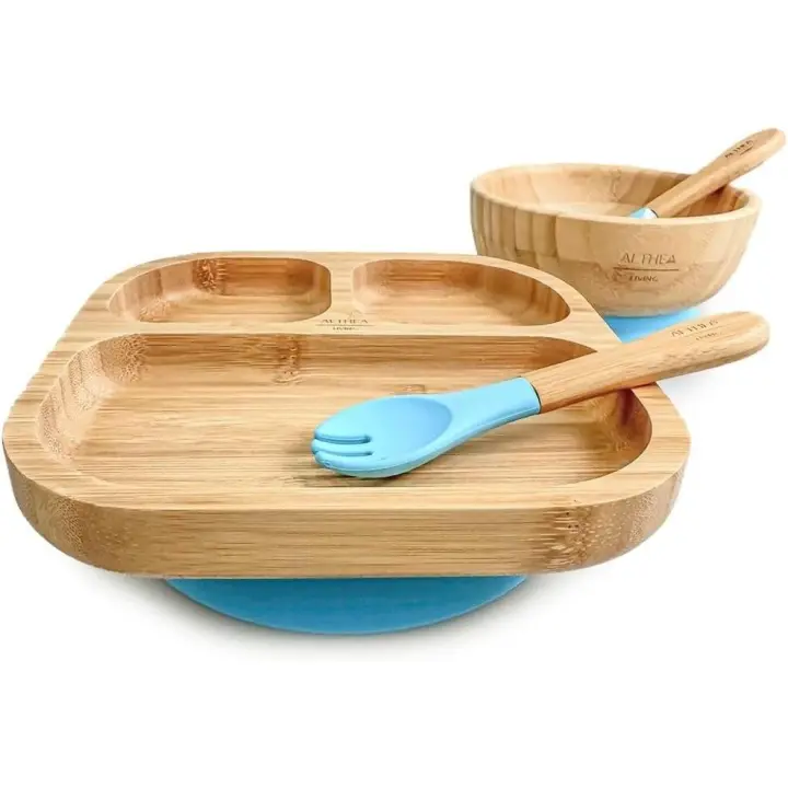 Set de vajilla de bambú para bebé con plato rectangular Harvard, bol extra grande, ventosa, cuchara y tenedor de silicona - Althea Living - 1