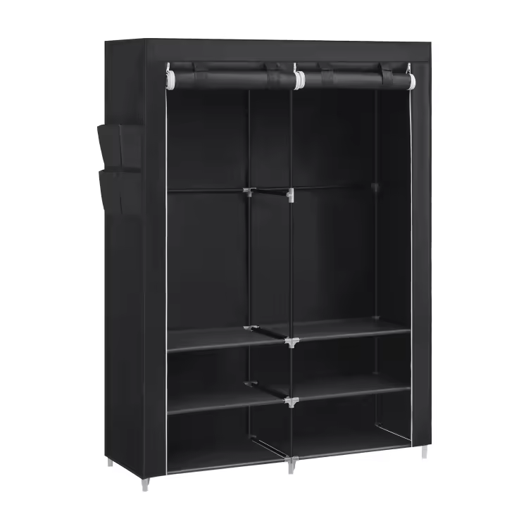 SONGMICS Armario de Ropa, Armario de Tela Portátil, 45 x 127 x 176 cm, 2 Barras de Colgar, Estantes y 4 Bolsillos Laterales, Espacioso para Dormitorio, Salón, Negro - 1