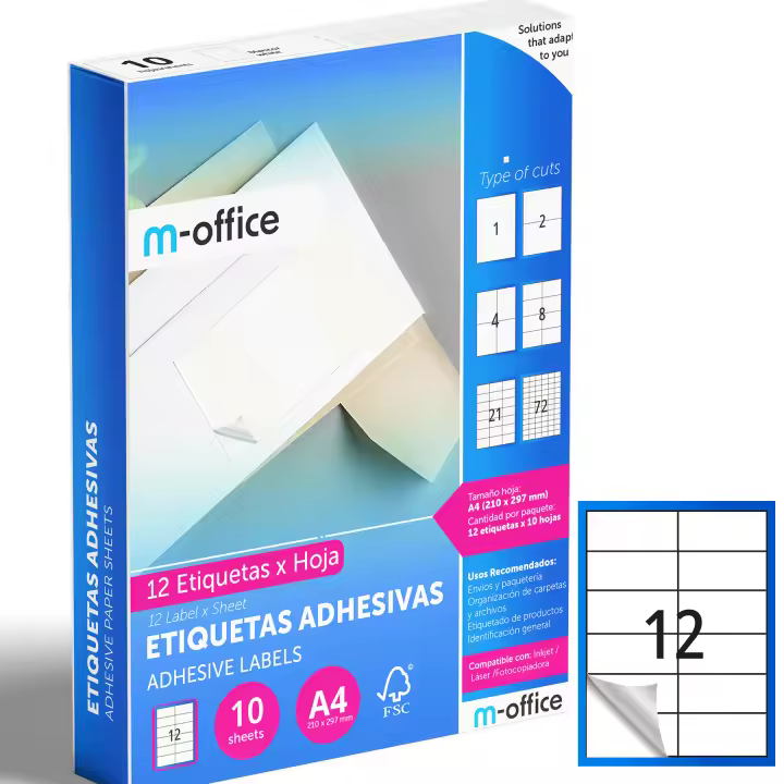 M-office Etiquetas Adhesivas A4 compatible con Label Printer, Pegatinas Blancas Adhesivas para Uso Diario, Papel Adhesivo para Imprimir, Pegatinas para Escribir (12 por hoja, 10h) - 1