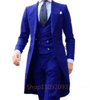 Traje De Novio Azul Real Con Cuello Largo 3 Piezas Para Hombre Moda Elegante Traje De Tuxedo Con Chaleco Y Pantalones Para Bodas Y Bailes - details 3