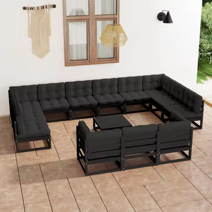 vidaXL Set de muebles de jardín 14 pzas con cojines madera pino negro - 1