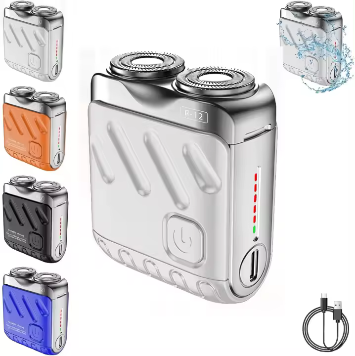 Afeitadora de barba mini y portátil con diseño de maleta, afeitadora mini y portátil con cortador magnético de doble anillo, afeitadora eléctrica para equipaje R-12 (plateada) - 1