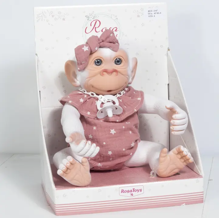 ROSATOYS - MUÑECO CHIMPANCÉ MONO GORILA REBORN - ALBINO CON TRAJE ROSA Y PEANA - 1