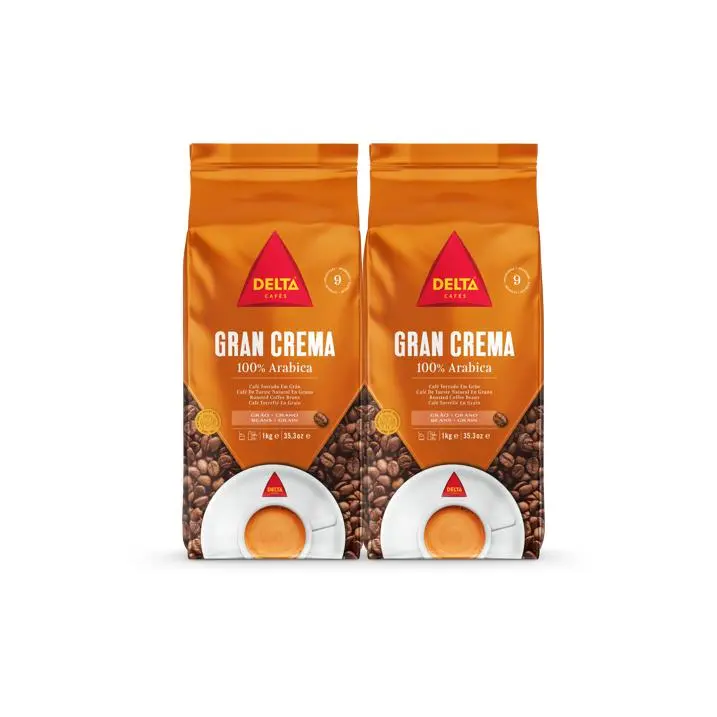 Delta Cafés  Gran Crema - PACK 2 uds de 1kg - Café en Grano Natural 100% Arábico 1 kg - Notas de especias, cacao y matices afrutados - 1