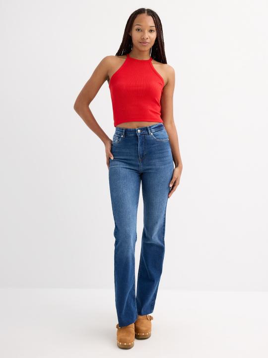 Jeans flare azul oscuro, corte favorecedor, 5 bolsillos, cremallera, botón metálico INSIDE