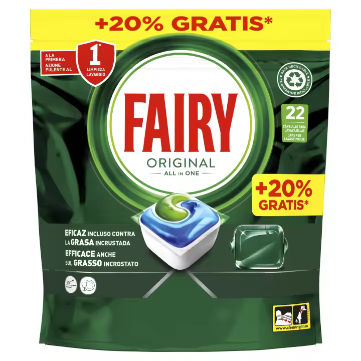 Fairy | Original Todo En Uno Cápsulas De Lavavajillas, Normal, 22 Cápsulas, Efectivas Incluso En La Grasa Reseca - 1