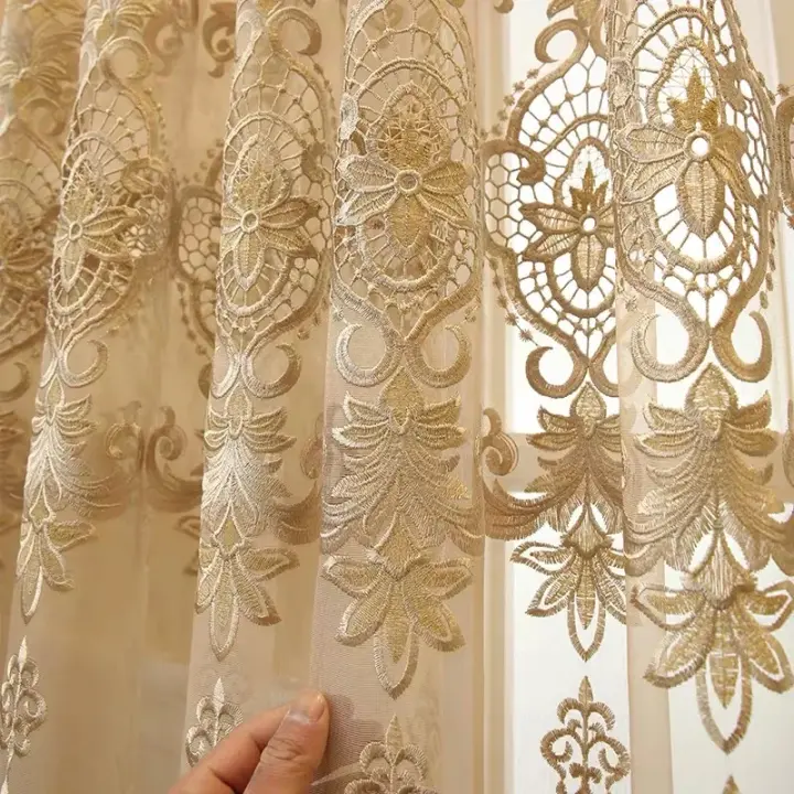 Cortina De Ventana Europea Estilo Atmósfera Hueca Y Desdobleable Para Sala De Estar 100% Poliéster Translúcida Con Bordado Soluble En Agua - 1