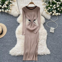 Vestido De Punto Para Mujer REALEFT Otoño Invierno Con Abertura Lateral Y Cuello Redondo Manga Larga Solido Vestido Recto De Oficina - details 1