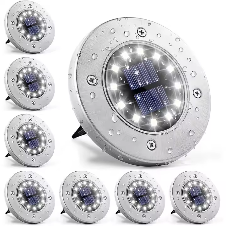 12 luces LED, 8 piezas, luces solares de suelo blancas, impermeables, de acero inoxidable, para exteriores, jardín, patio, césped, pasarela [Clase energética A+++] (luz blanca) - 1