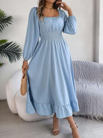 Vestido Largo Elegante De Verano Con Cuello Cuadrado Y Mangas Largas Para Damas De Honor Vestido De Mujer Con Borde Volante Y Cintura Alta - details 22