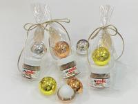 Regalos para invitadas de Boda Comuniones bautizos aniversarios cumpleaños 10/15 UNIDADES bálsamo de labios con aroma a vainilla y tarrito de Nutella con cuchara presentado en bolsa de regalo con cordon en color champan - details 1