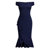 Vestido Elegante Para Mujer De Encaje Con Volante Y Cintura Ajustada Vestido De Fiesta Con Hombros Descubiertos Y Abertura En La Pierna Vestido Clásico De Cintura Alta Y Acolchado - details 15