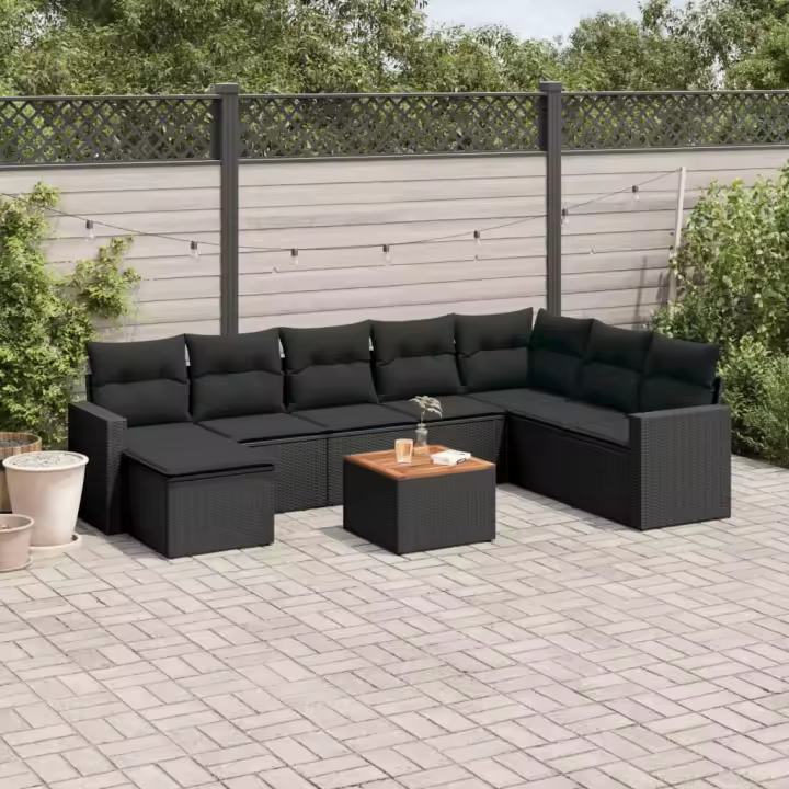 vidaXL Set de sofás de jardín 8 piezas y cojines ratán sintético negro - 1