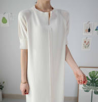 Vestido Largo De Verano Para Mujer REALEFT Estilo Coreano Casual Suelto Con Cuello En V Manga Larga Color Sólido Vestido Midi - details 7