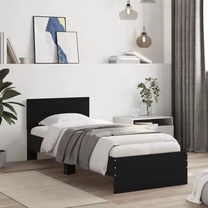 Cama con cabecero madera de ingeniería negra 90x190 cm - 1