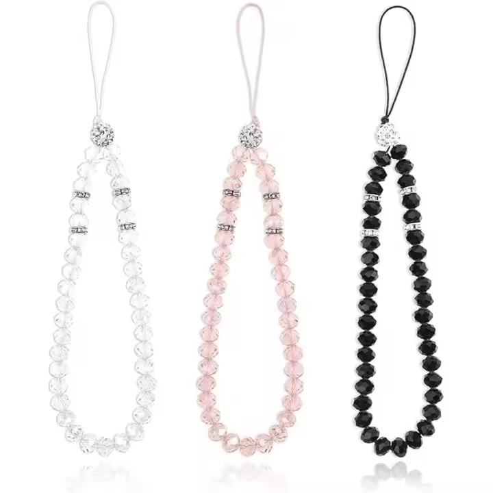 3 Piezas Cuerda para Movil, Colgante para Movil, Juego de 3 Cordones para Móvil con Cuentas de Cristal Brillante, Colgantes de Cordón para Teléfono, Colgante Móvil con Diseño de Moda - 1