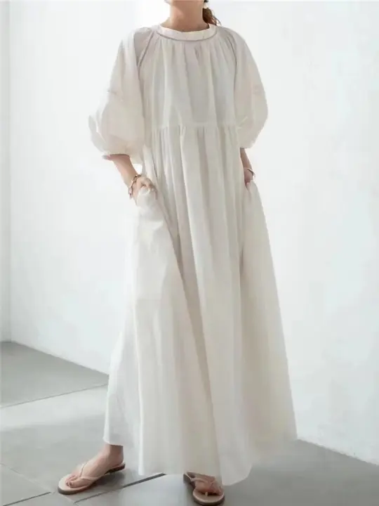 Vestido Casual REALEFT 2023 Para Mujer Con Mangas Lanternas Estilo Recto Cuello En V Lace up Solido Talla Grande Midi Primavera Otoño - 1