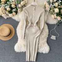 Vestido REALEFT De Punto Para Mujer Con Cuello Alto Y Mangas Largas Estampado Sólido Estilo Casual Vestido De Abrazo Largo Hasta La Rodilla Para Otoño E Invierno - details 3