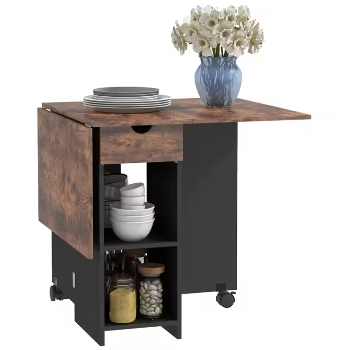 HOMCOM Mesa Plegable de Comedor Mesa de Cocina Plegable con Ruedas Alas Abatibles Cajón y Estantes Mesa Plegable para 2-4 Personas 120x72x75 cm - 1