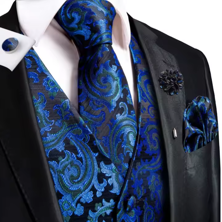 Chaleco De Seda Para Hombre Hi-Tie Con Cuello V Y Bolsa De Pañuelo Conjunto De Encantos Para Traje Sin Mangas Para Boda Y Negocios - 1