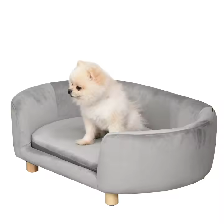 PawHut Sofá para mascotas, sofá para perros, cama para perros con patas de abedul de espuma de terciopelo holandés para gatos y perros, 86 x 55 x 33 cm, gris claro - 1