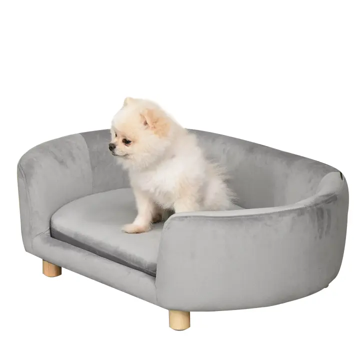 PawHut Sofá para mascotas, sofá para perros, cama para perros con patas de abedul de espuma de terciopelo holandés para gatos y perros, 86 x 55 x 33 cm, gris claro - 1