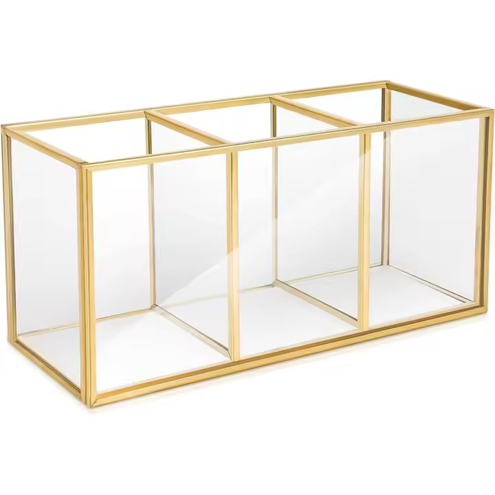 Caja de joyería Retro de Metal Dorado y latón Color Transparente Cristal 3 Compartimentos-Estilo nórdico Vintage Joyas Maquillaje Bandeja para tocador, baño (A) - 1
