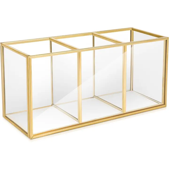 Caja de joyería Retro de Metal Dorado y latón Color Transparente Cristal 3 Compartimentos-Estilo nórdico Vintage Joyas Maquillaje Bandeja para tocador, baño (A) - 1