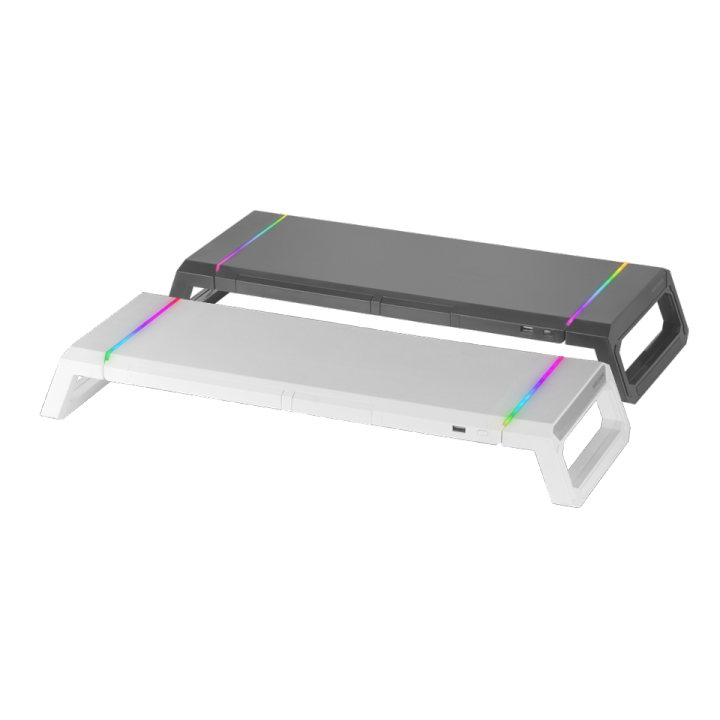 Mars Gaming MGS-ONE, Soporte Premium Monitor, Iluminación RGB Chroma, Soporte Móviles/Tablets y Cajón, Ajustable 3 Tamaños, USB 2.0, Soporte Gaming RGB Blanco