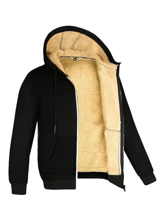 Chaqueta De Lana De Oveja Invierno Con Cierre De Cremallera Y Buzo Negro Para Hombres Chaqueta Deportiva Casual De Manga Larga Gruesa Y Cálido - 1